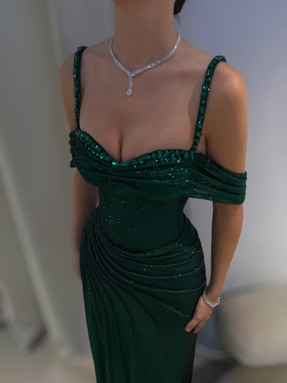 Emerald Green Draped Off-Shoulder Gown with Thigh Slit