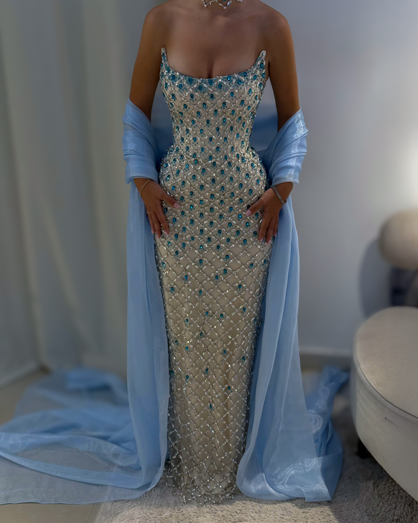 Ice Blue Crystal Column Gown With Draped Shawl