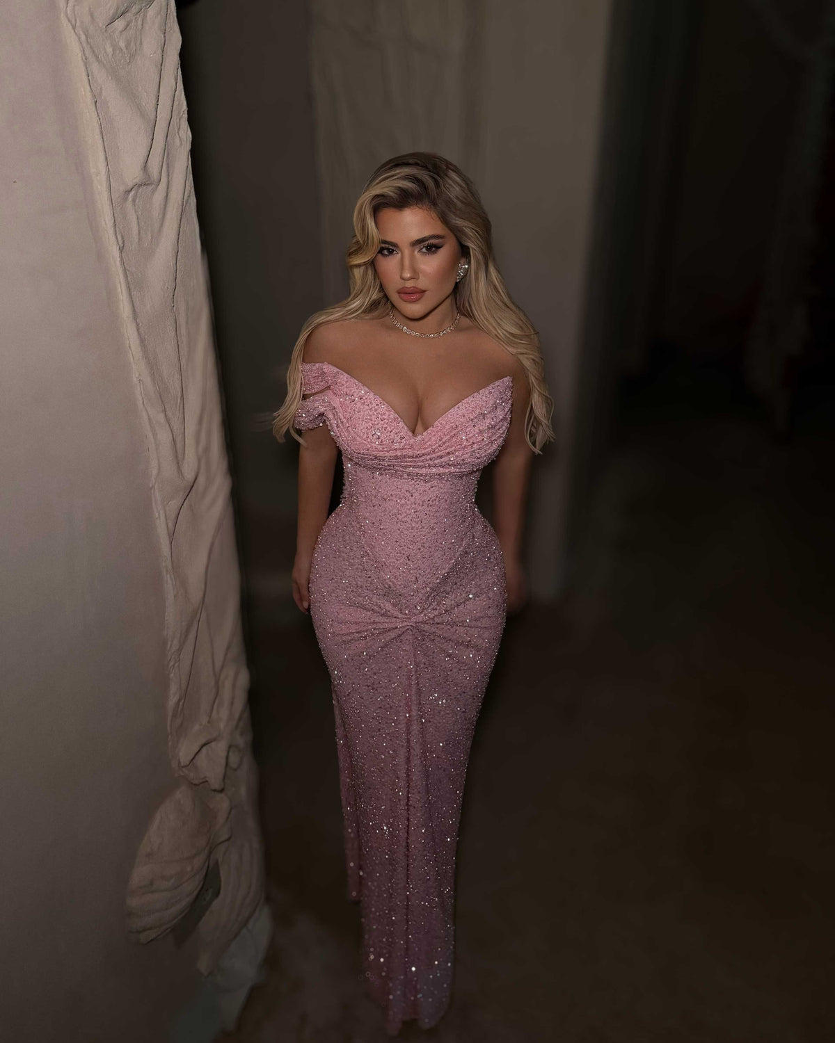 Blush Pink Off-Shoulder Sequin Corset Evening Gown