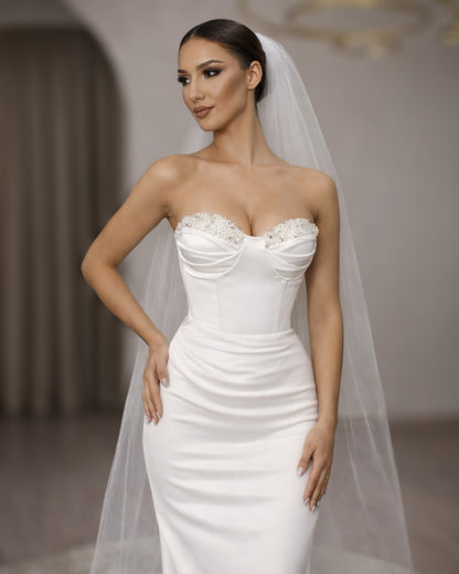 Ivory Strapless Corset Bridal Gown with Crystal Bust and Column Skirt