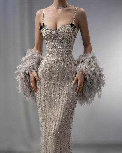 Crystal Beaded Corset Column Gown with Feather Cuffs
