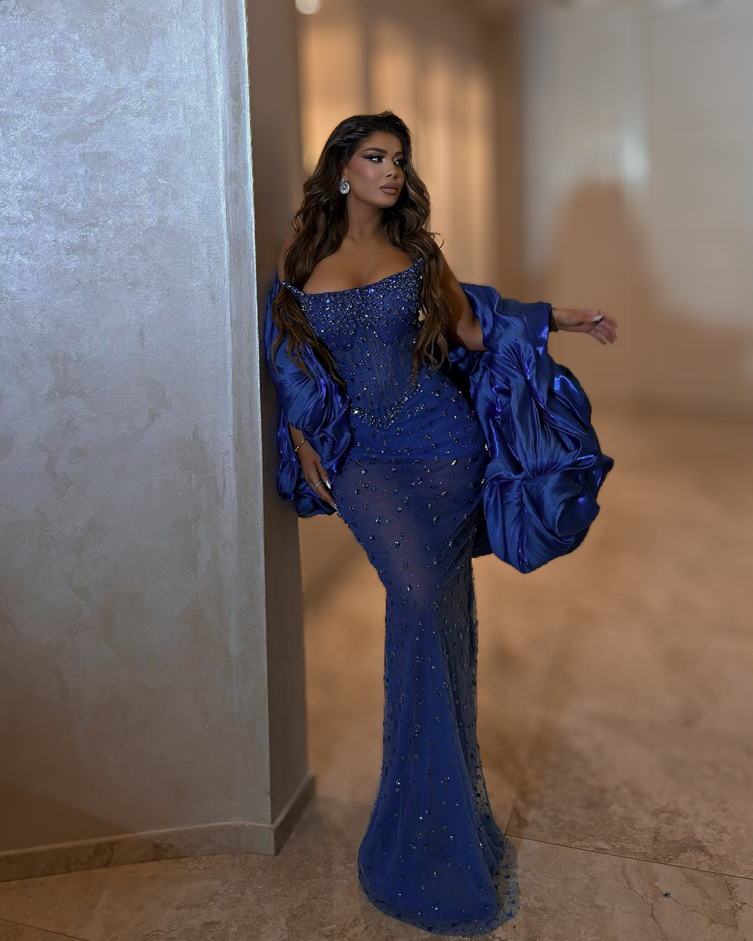 Midnight Blue Beaded Evening Dress