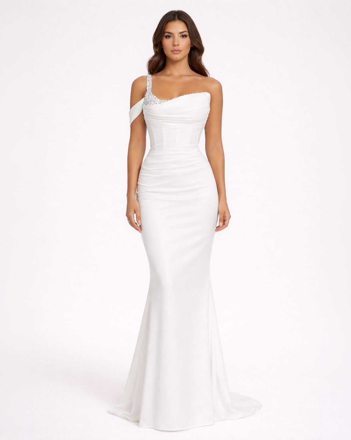 White One-Shoulder Embellished Corset Gown