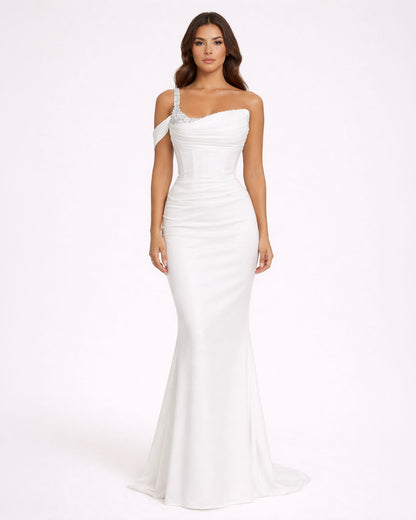 White One-Shoulder Embellished Corset Gown