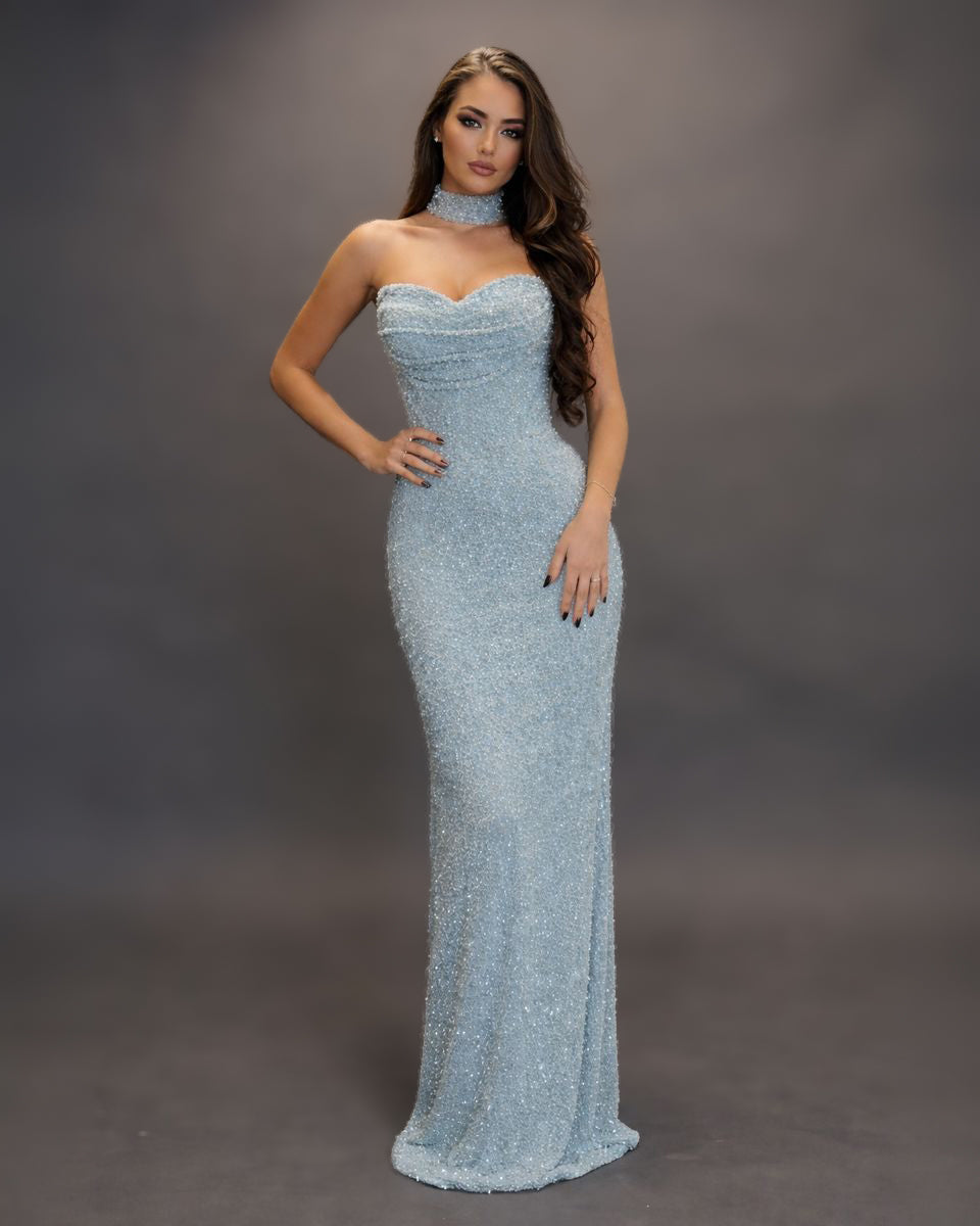 Icy Blue Crystal Corset Column Gown with Choker Neckline