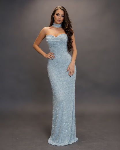 Icy Blue Crystal Corset Column Gown with Choker Neckline
