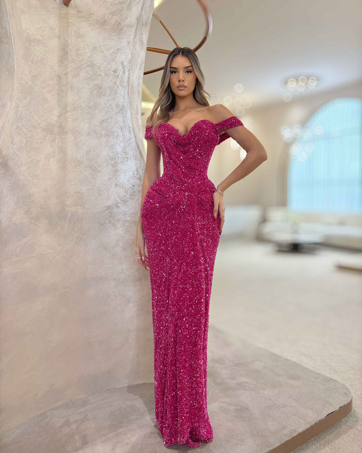 Hot pink crystal gala dress with draped off-shoulder detail