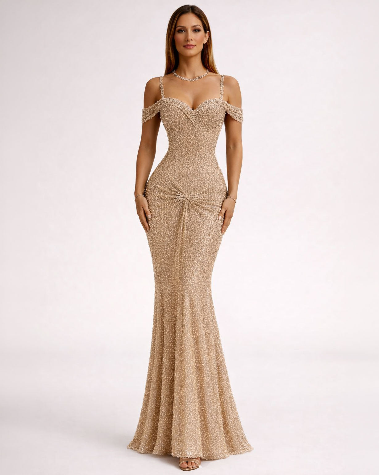 Champagne Crystal Off-Shoulder Mermaid Gown