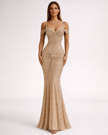 Champagne Crystal Off-Shoulder Mermaid Gown