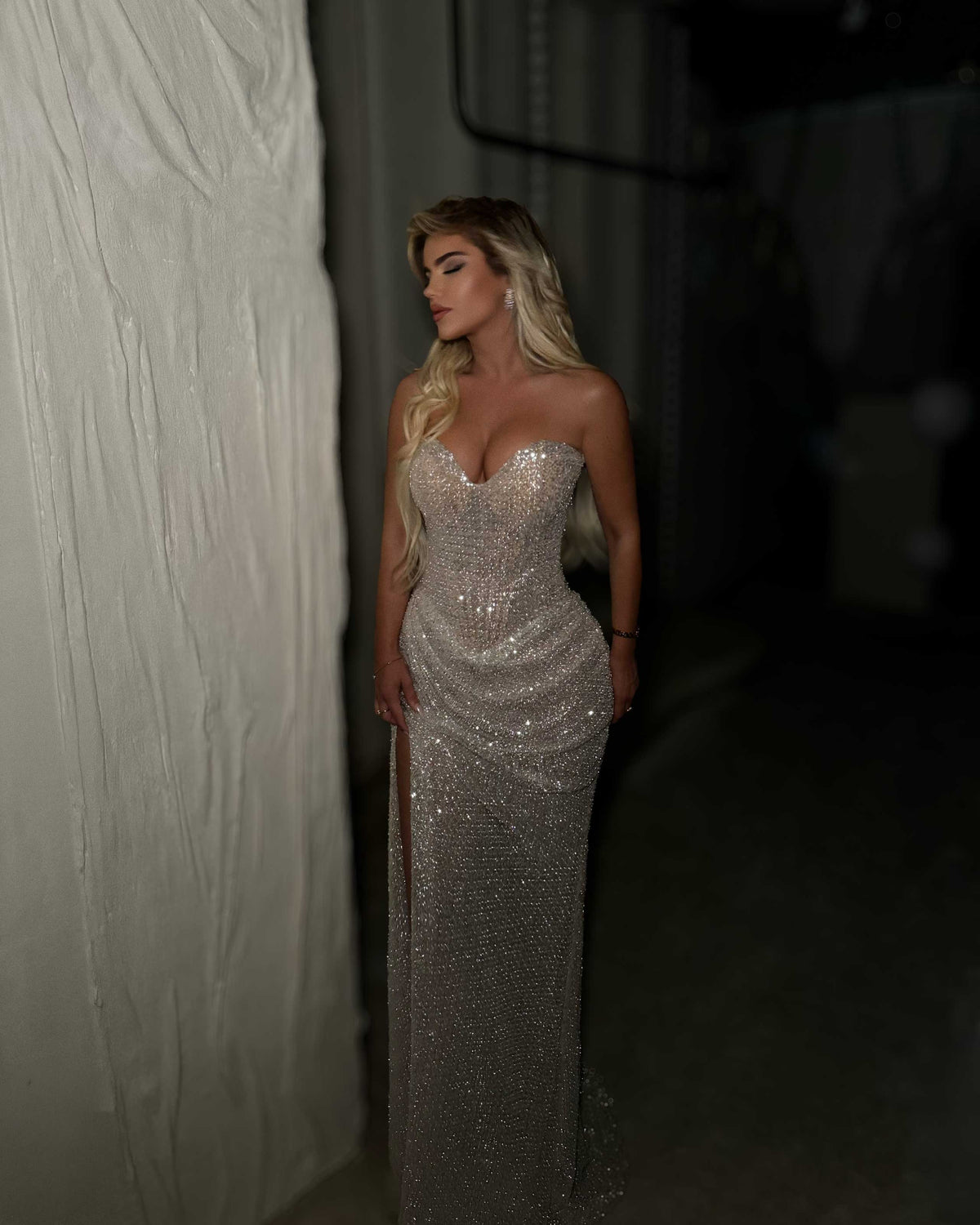 Silver Crystal Strapless Corset Evening Gown with Draped Slit