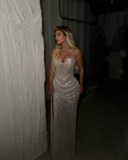 Silver Crystal Strapless Corset Evening Gown with Draped Slit