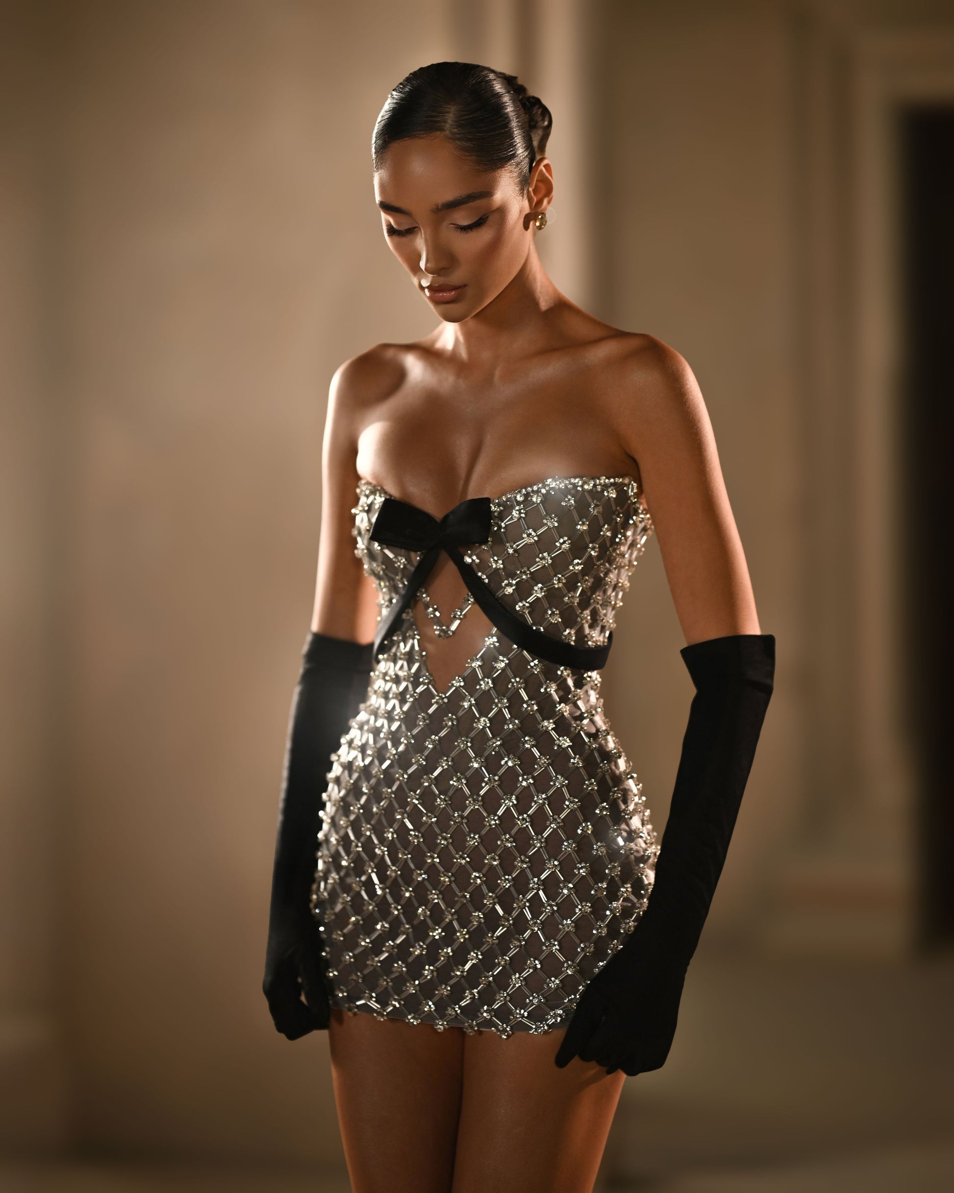 Luxury Crystal Embellished Mini Dress With Black Bow