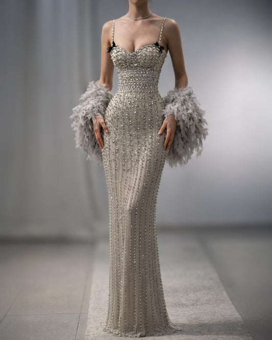 Crystal Beaded Corset Column Gown with Feather Cuffs