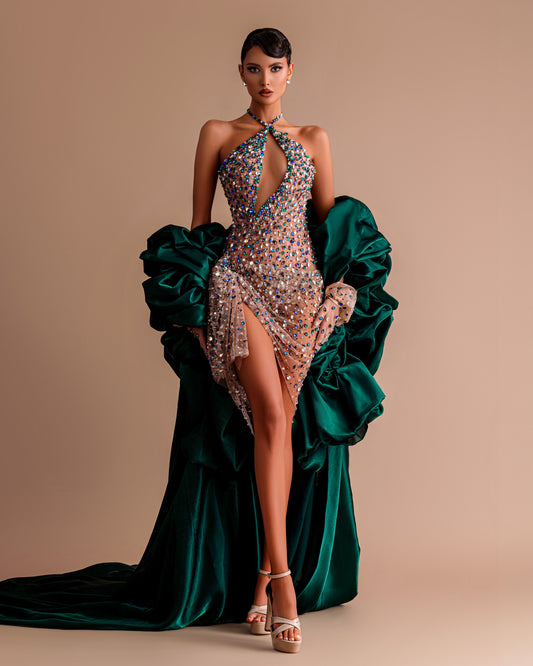 Nude Crystal Corset Dress with Emerald Cape