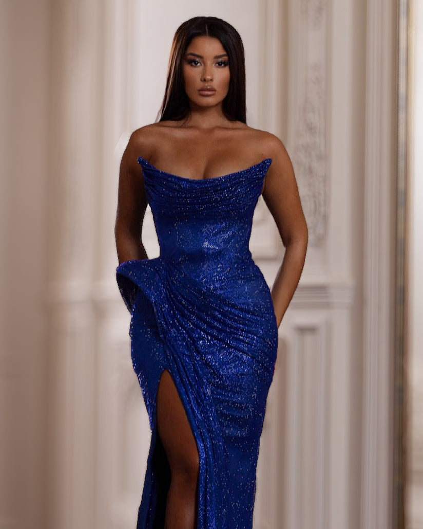 Royal Blue Strapless Crystal Corset Long Dress