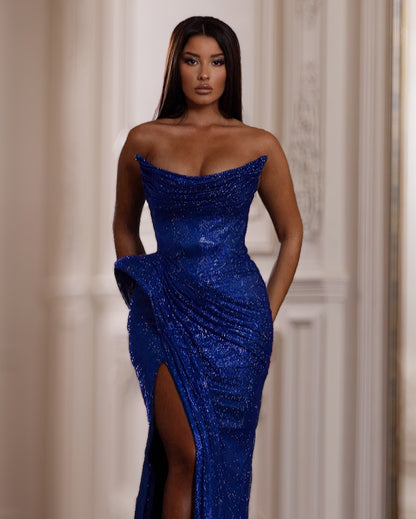 Royal Blue Strapless Crystal Corset Long Dress