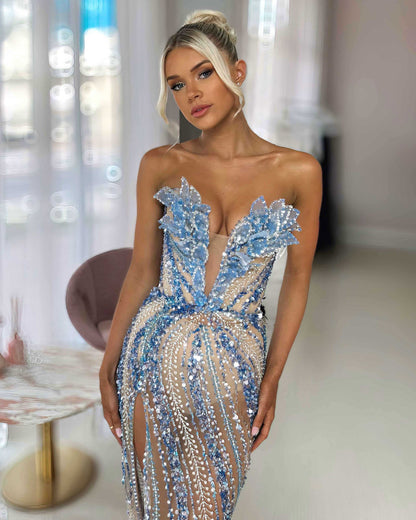 Icy Blue Crystal Leaf Corset Column Gown