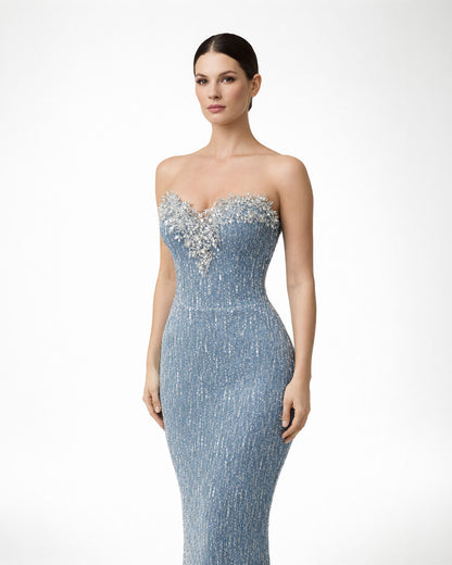 Ice Blue Strapless Embellished Evening Gown