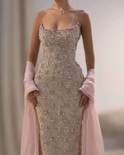 Blush Crystal Corset Column Gown