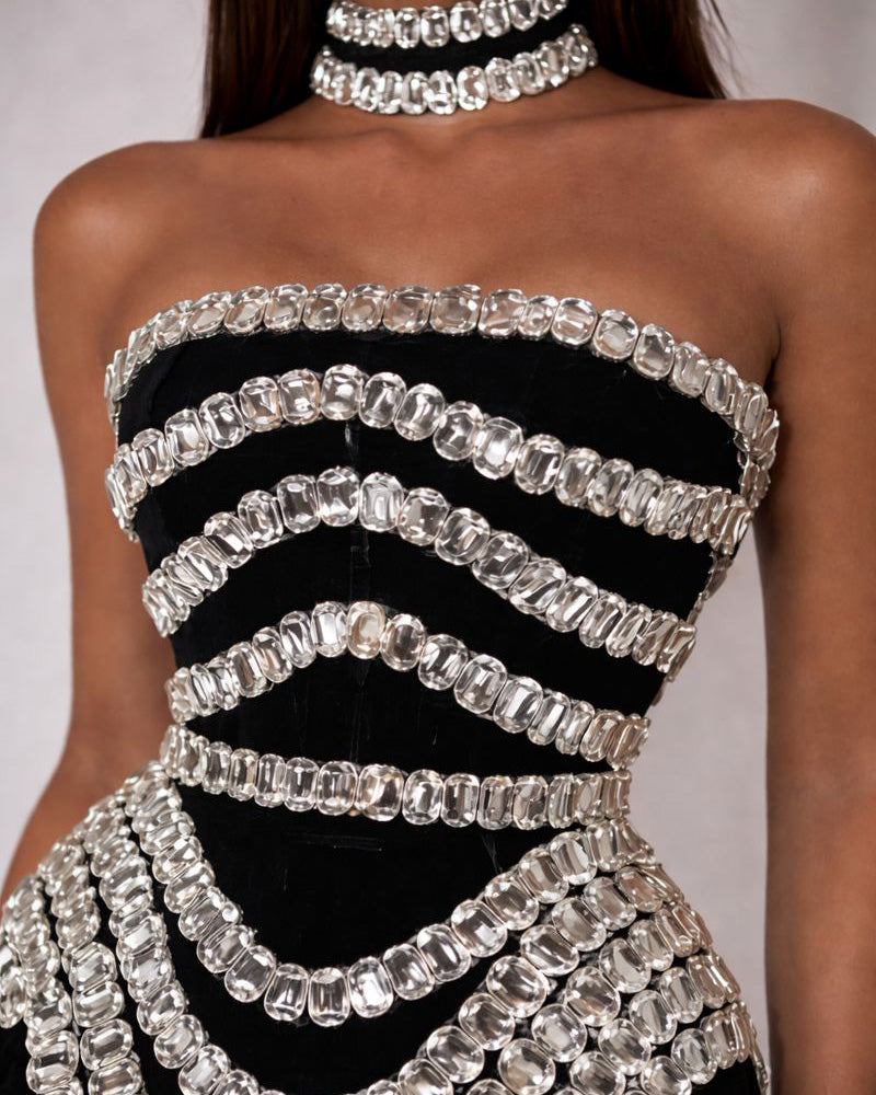 Black Crystal Corset Mini Dress with Draped Chain Detailing