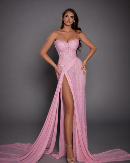Pink Crystal Corset Gown with Draped Chiffon Panels