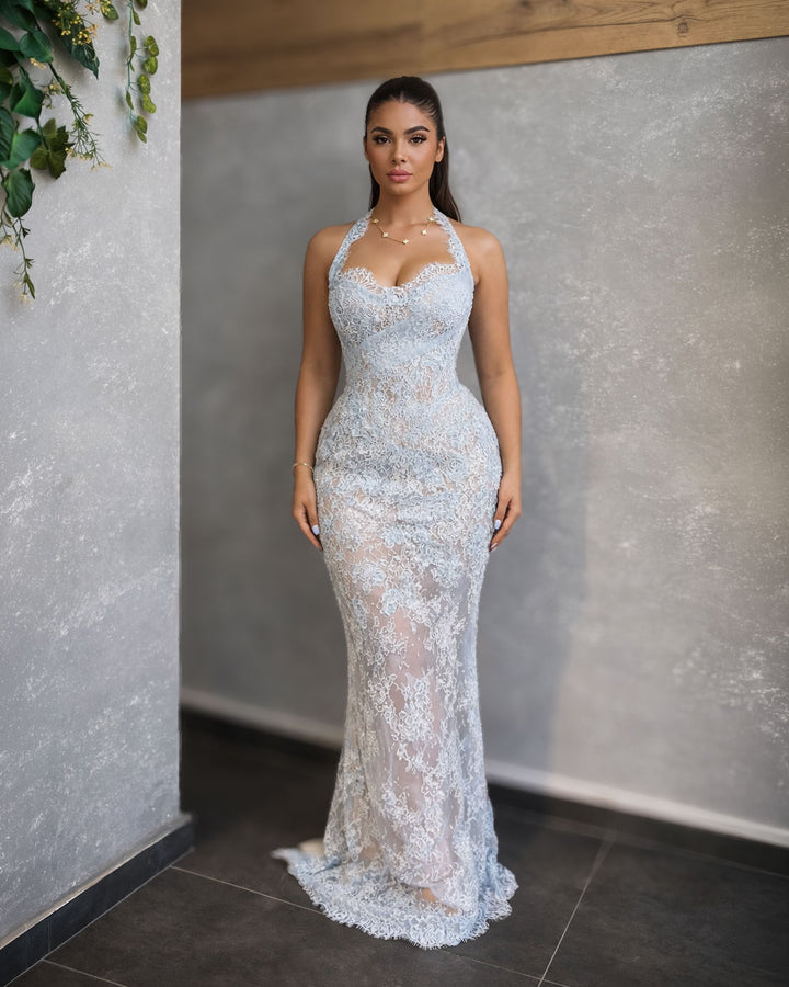Light blue lace halter corset gown with sheer detail