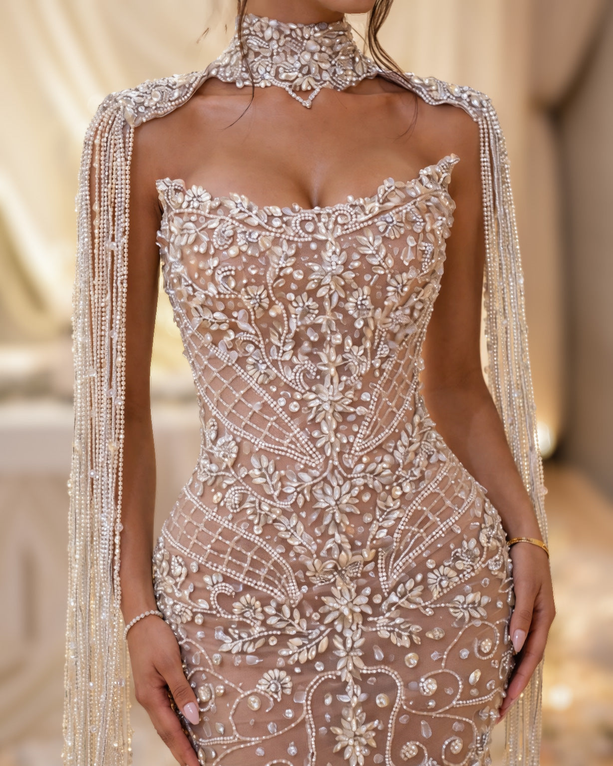 Champagne Lace Illusion Corset Gown with Beaded Choker Cape