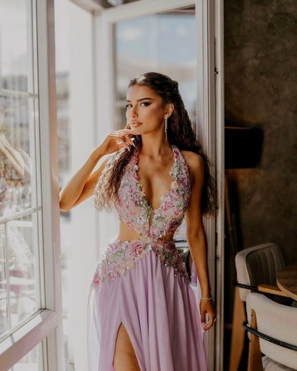 Lilac Floral Embellished Halter Cutout Gown