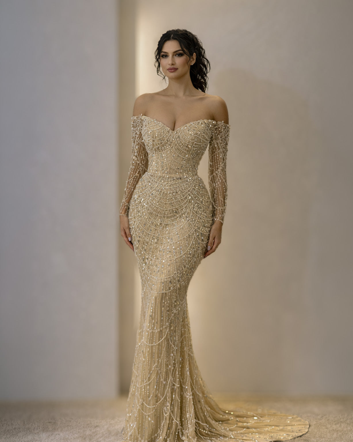 Gold Off-Shoulder Crystal Beaded Corset Gown with Long Sleeves