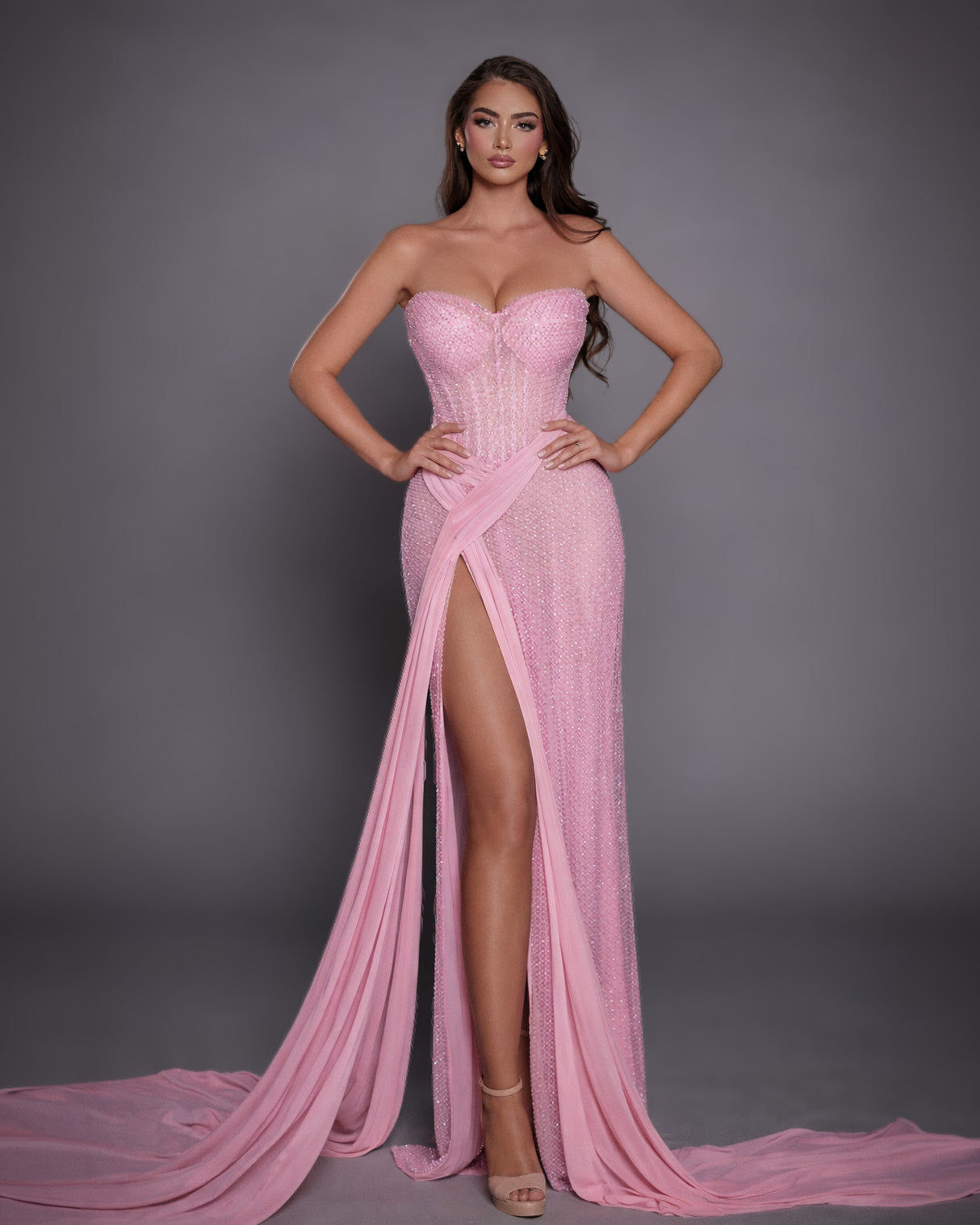 Pink Crystal Corset Gown with Draped Chiffon Panels