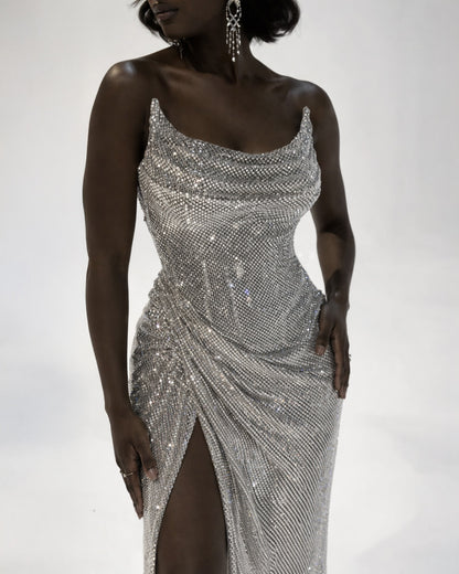 Silver Crystal Corset Evening Dress