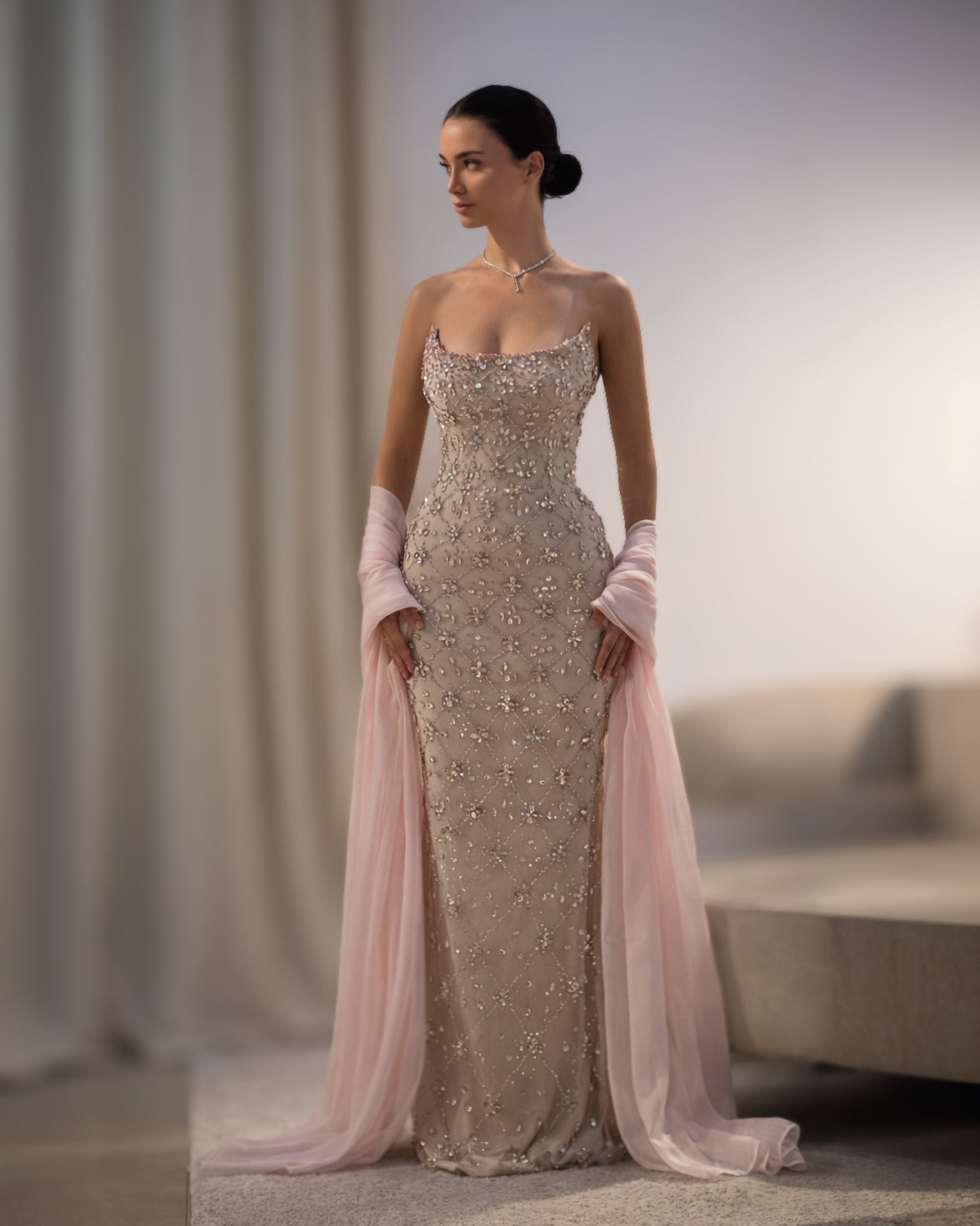 Blush Crystal Corset Column Gown