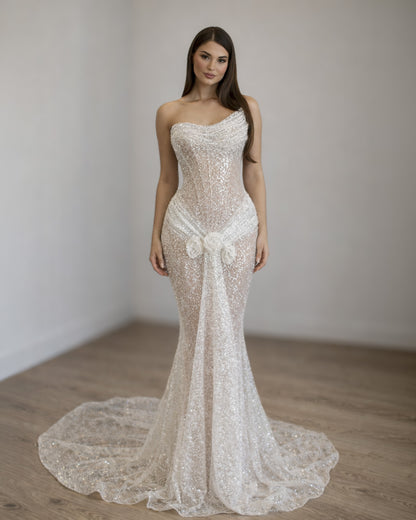 One-Shoulder Crystal Draped Mermaid Gown