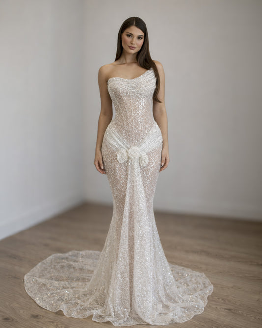 One-Shoulder Crystal Draped Mermaid Gown