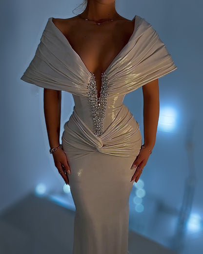 Champagne Nude Crystal Corset Column Gown with Draped Sleeves