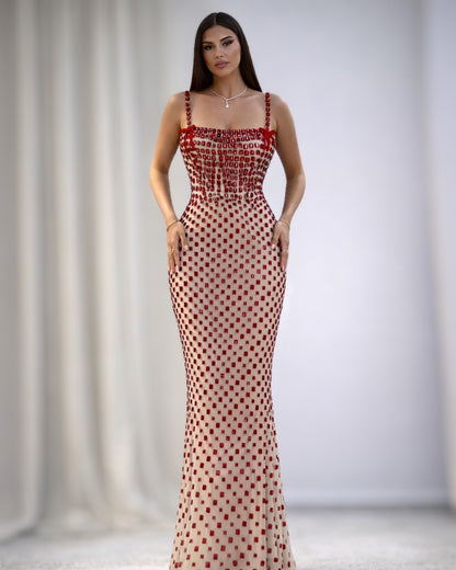 Red Beaded Corset Column Gown
