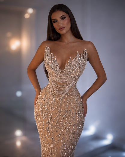 Champagne Crystal Corset Column Gown