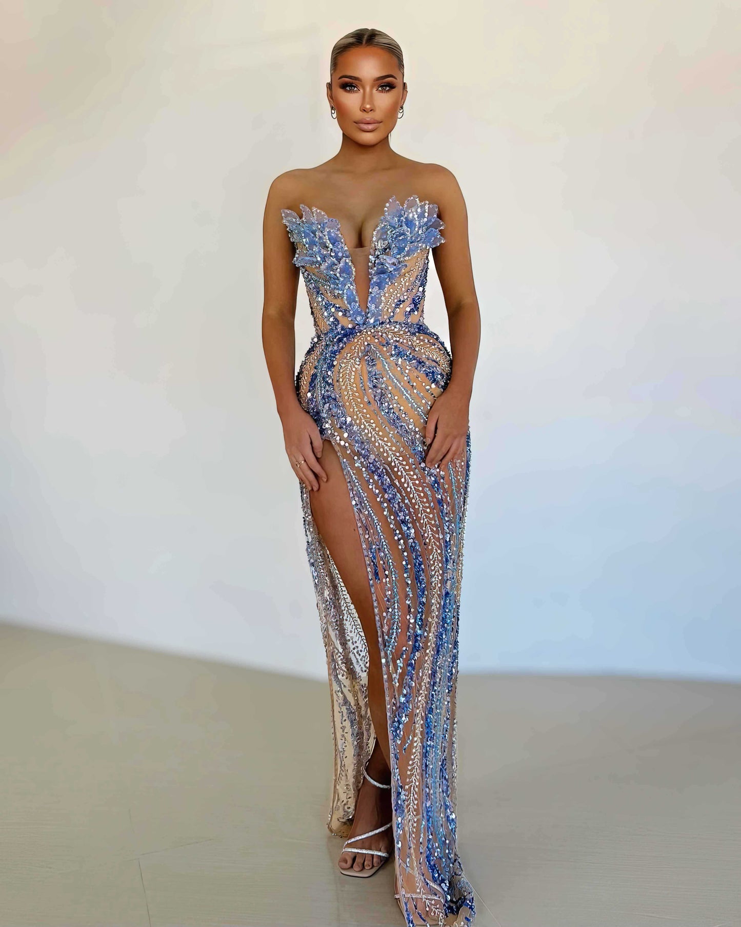 Icy Blue Crystal Leaf Corset Column Gown