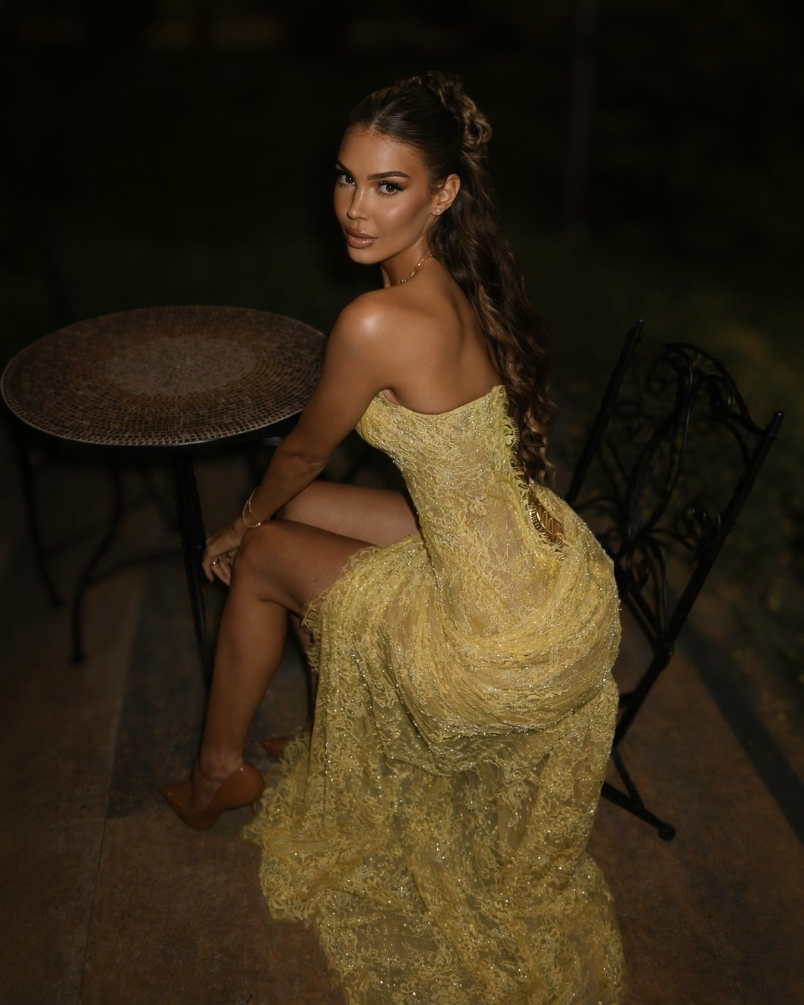 Butter Yellow Lace Corset Gown with High Slit