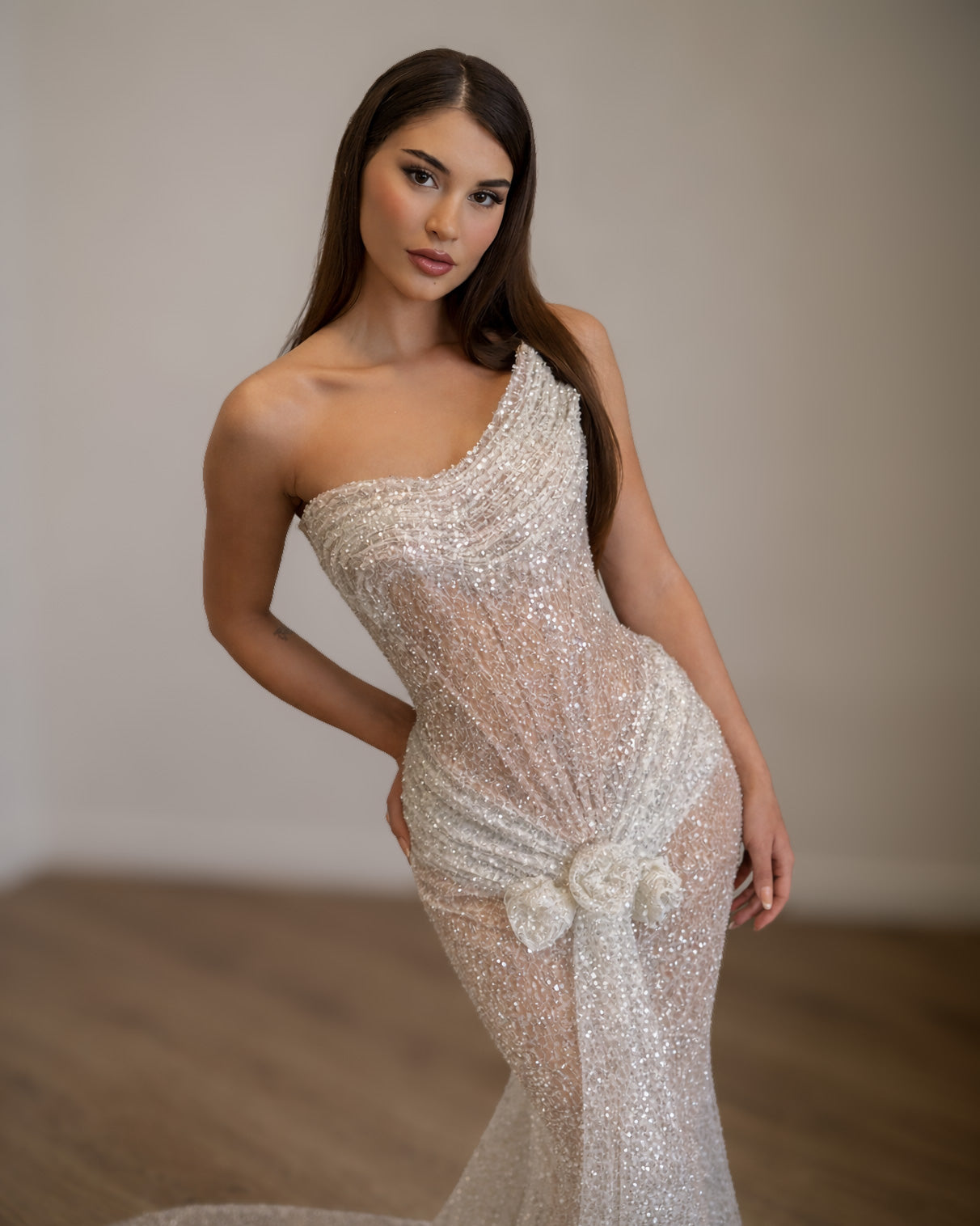 One-Shoulder Crystal Draped Mermaid Gown
