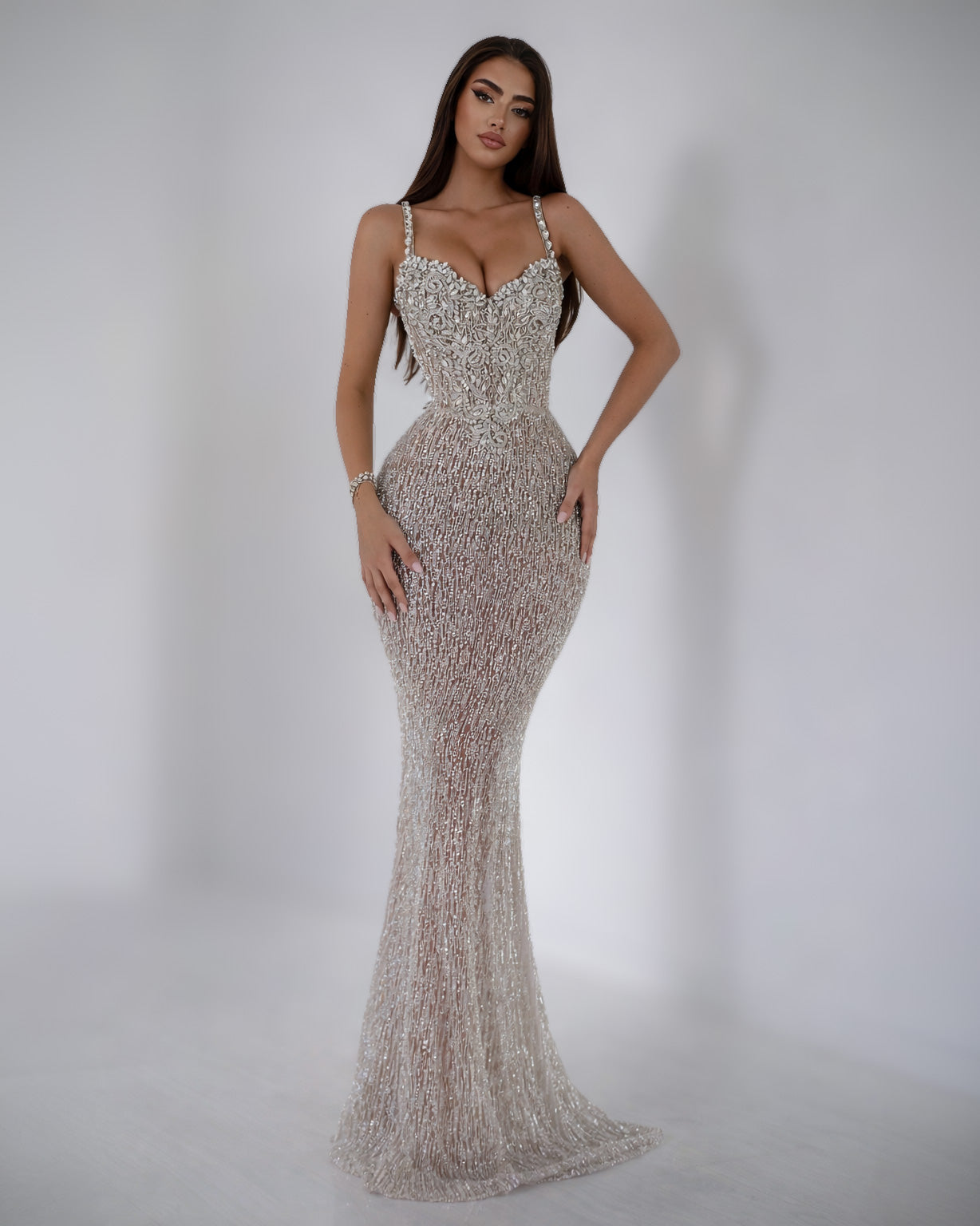 Nude Crystal Corset Mermaid Gown with Beaded Straps