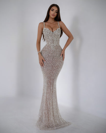 Nude Crystal Corset Mermaid Gown with Beaded Straps