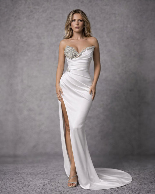 Ivory Satin Corset Bridal Gown with Crystal Bodice and High Slit