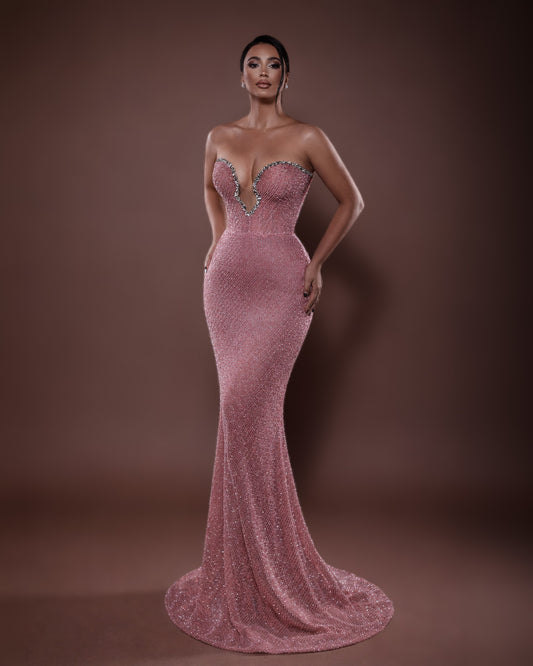Rose Pink Strapless Beaded Column Gown