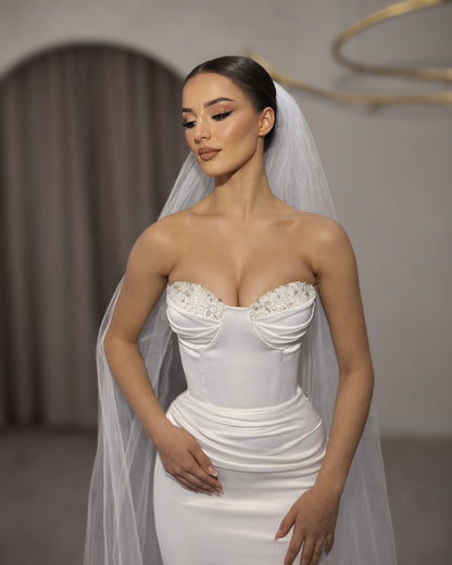 Ivory Strapless Corset Bridal Gown with Crystal Bust and Column Skirt