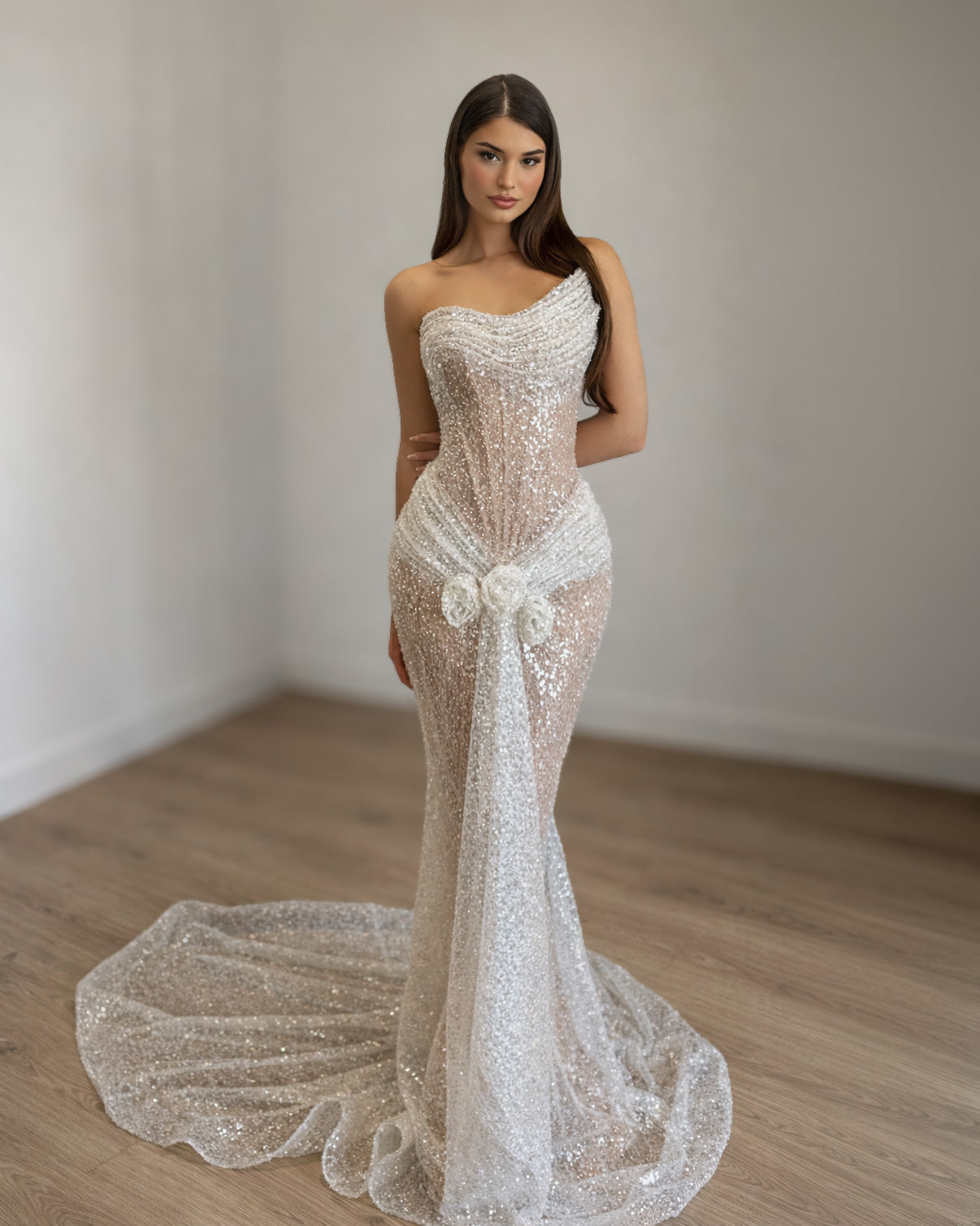One-Shoulder Crystal Draped Mermaid Gown