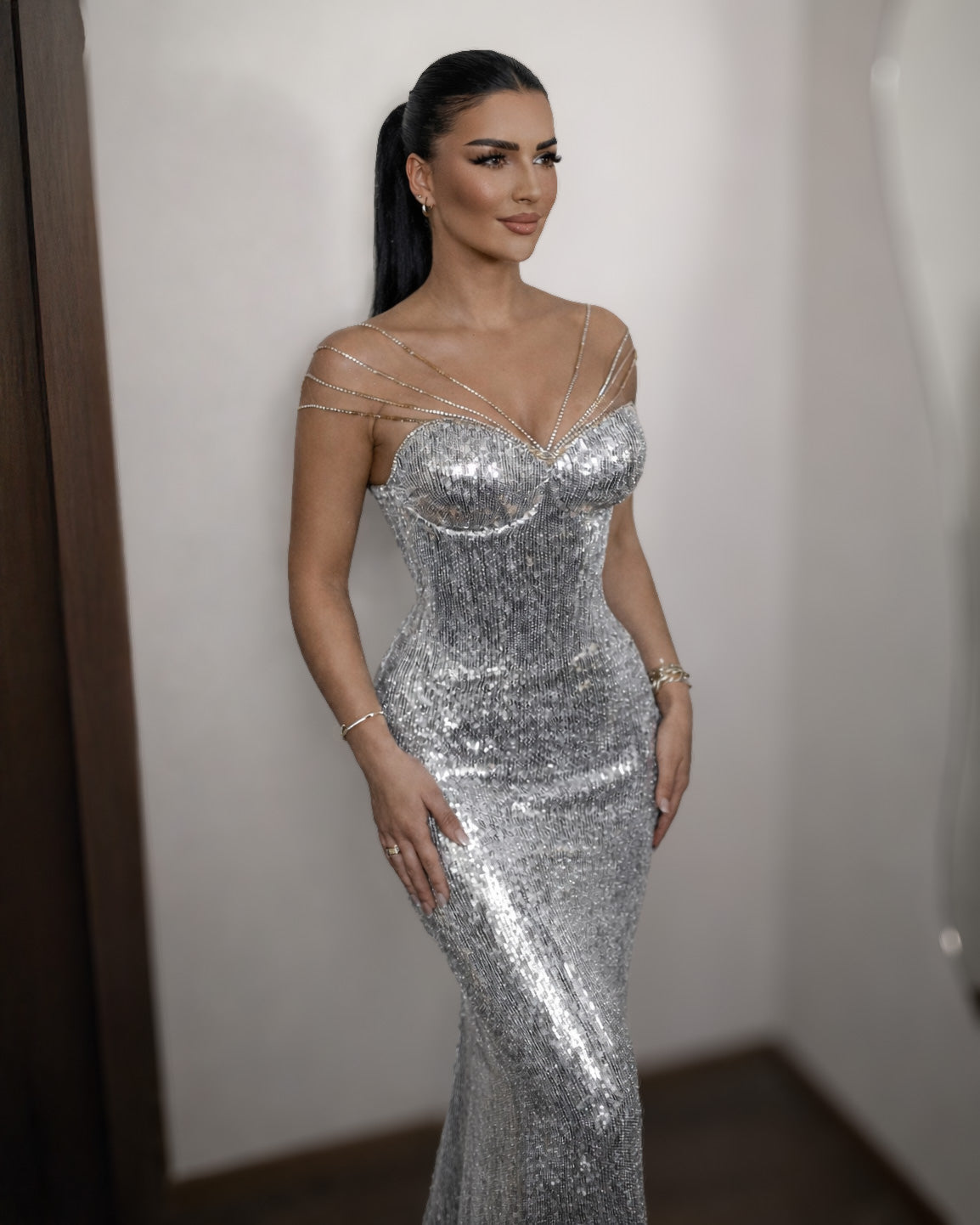 Silver Crystal Corset Mermaid Gown with Beaded Straps