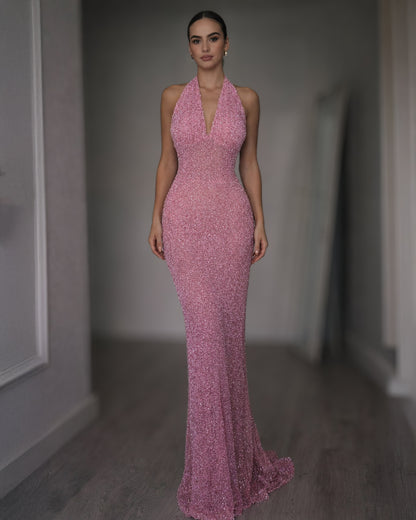 Rose Crystal Halter Column Dress with Plunge Neckline