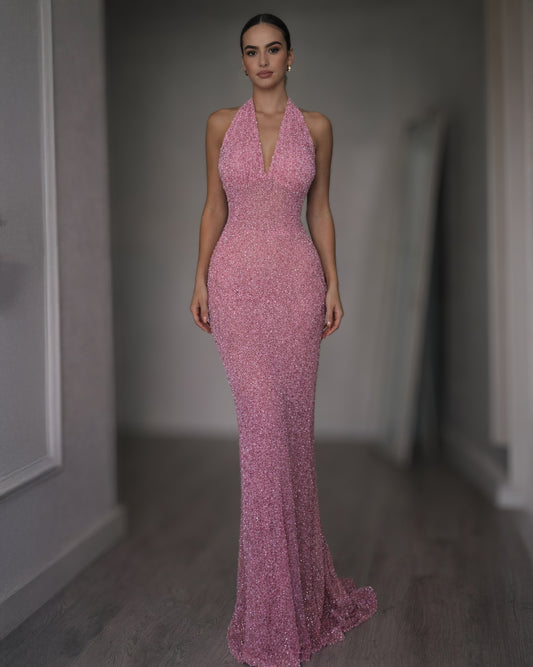 Rose Crystal Halter Column Dress with Plunge Neckline