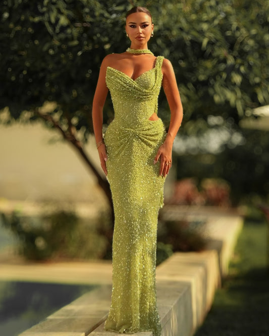 Lime Green Crystal Corset Column Gown with Asymmetric Neckline